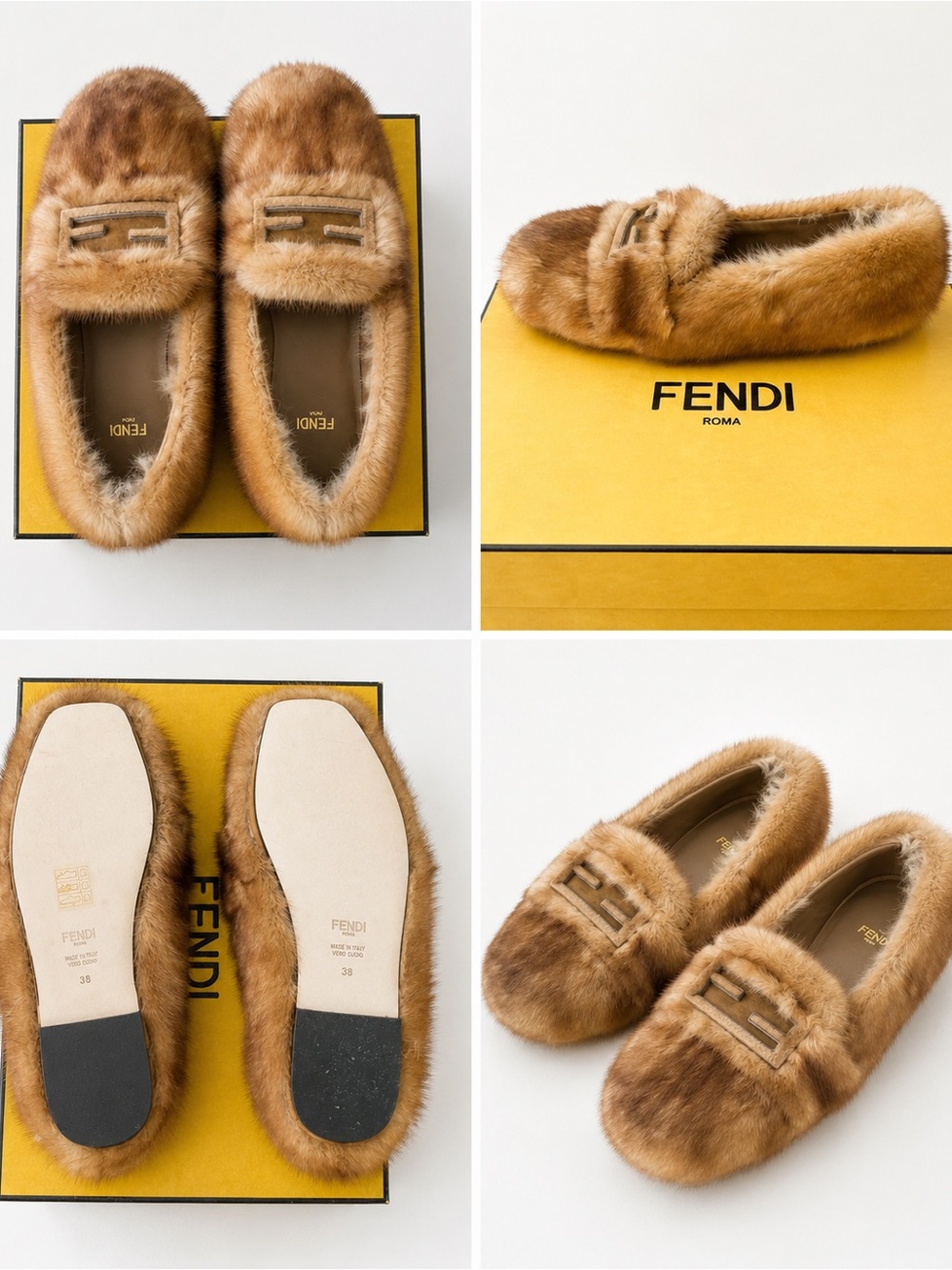 Fendi Tan Mink Fur Loafers with Signature Double-F